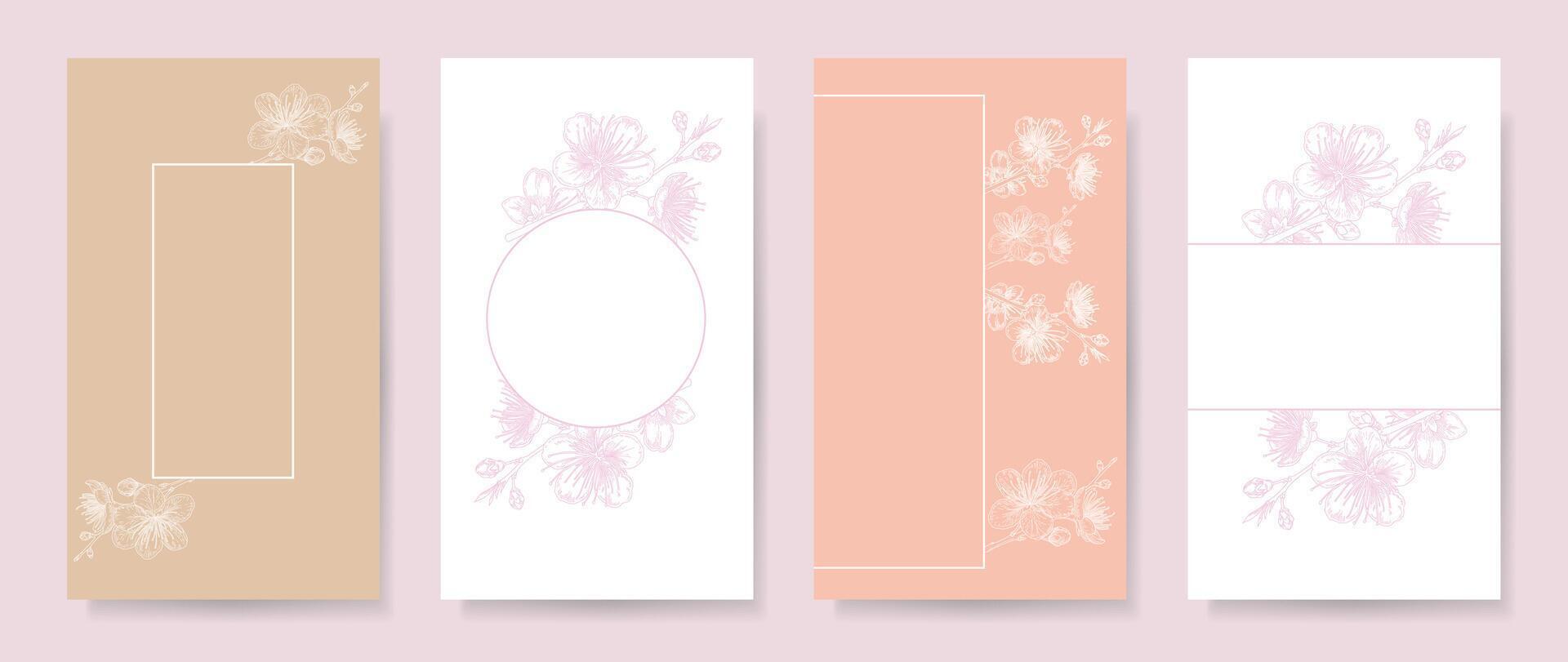 Cherry blossom cards set in pastel pink colors. Continuous line art illustrations. vector
