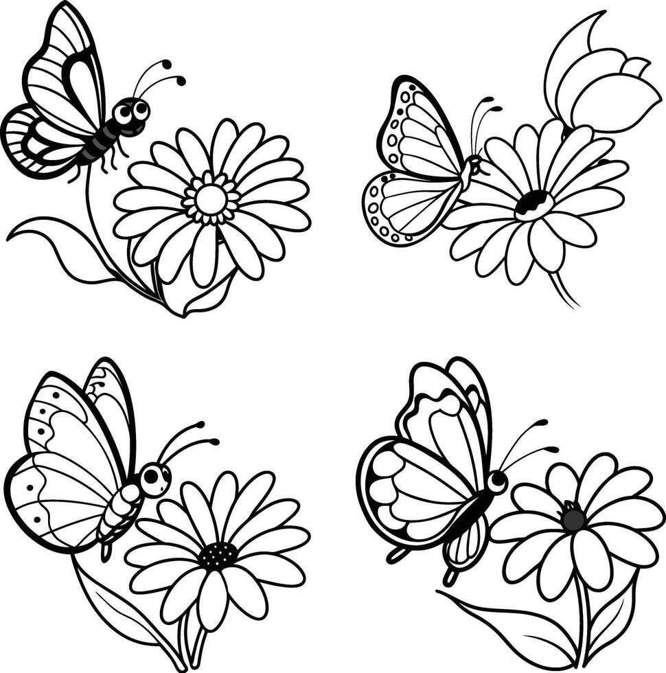 Group of floral illustrations coloring page flower designs in spring and summer colors vector