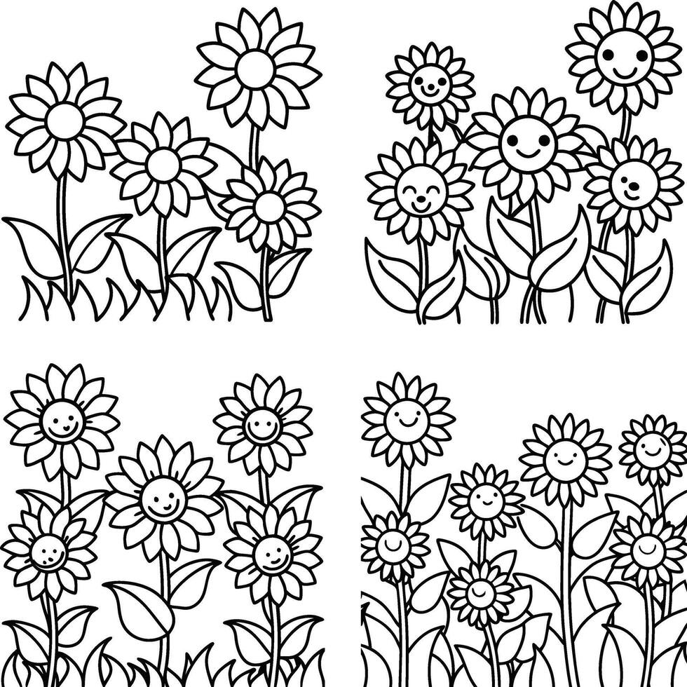 Ensemble of floral illustrations coloring sheet flower patterns in spring and summer colors vector