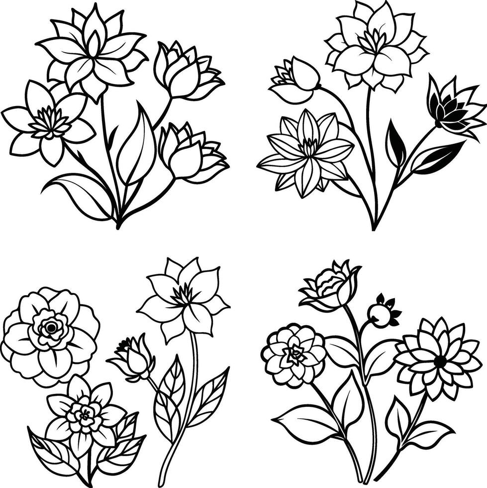 Array of flower illustrations coloring page floral designs in spring and summer colors vector