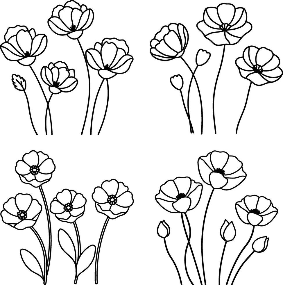Selection of floral illustrations coloring page flower designs in spring and summer colors vector