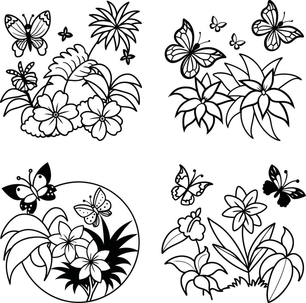 Ensemble of flower illustrations coloring sheet floral patterns in spring and summer colors vector
