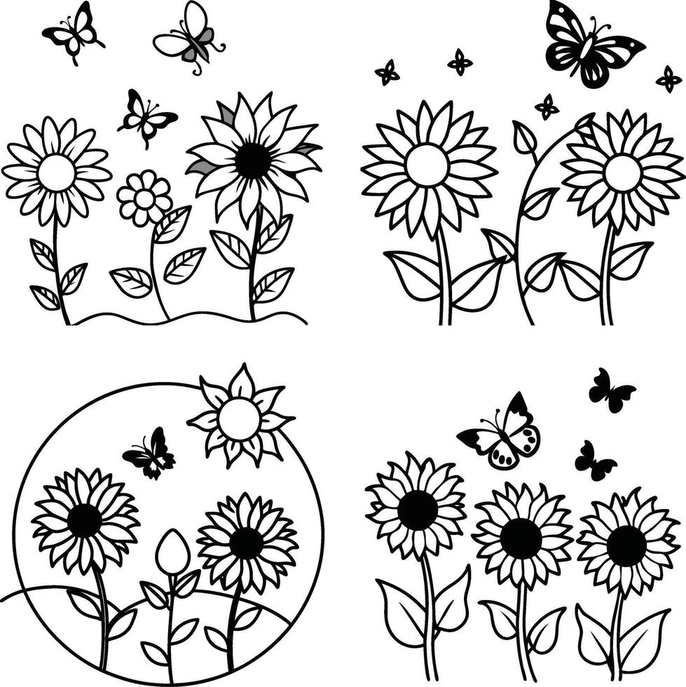 Assortment of floral illustrations coloring sheet flower patterns in spring and summer colors vector