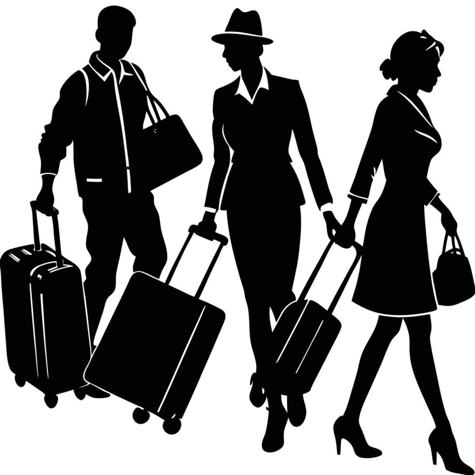 Silhouette of Multiple People Carrying Suitcases vector