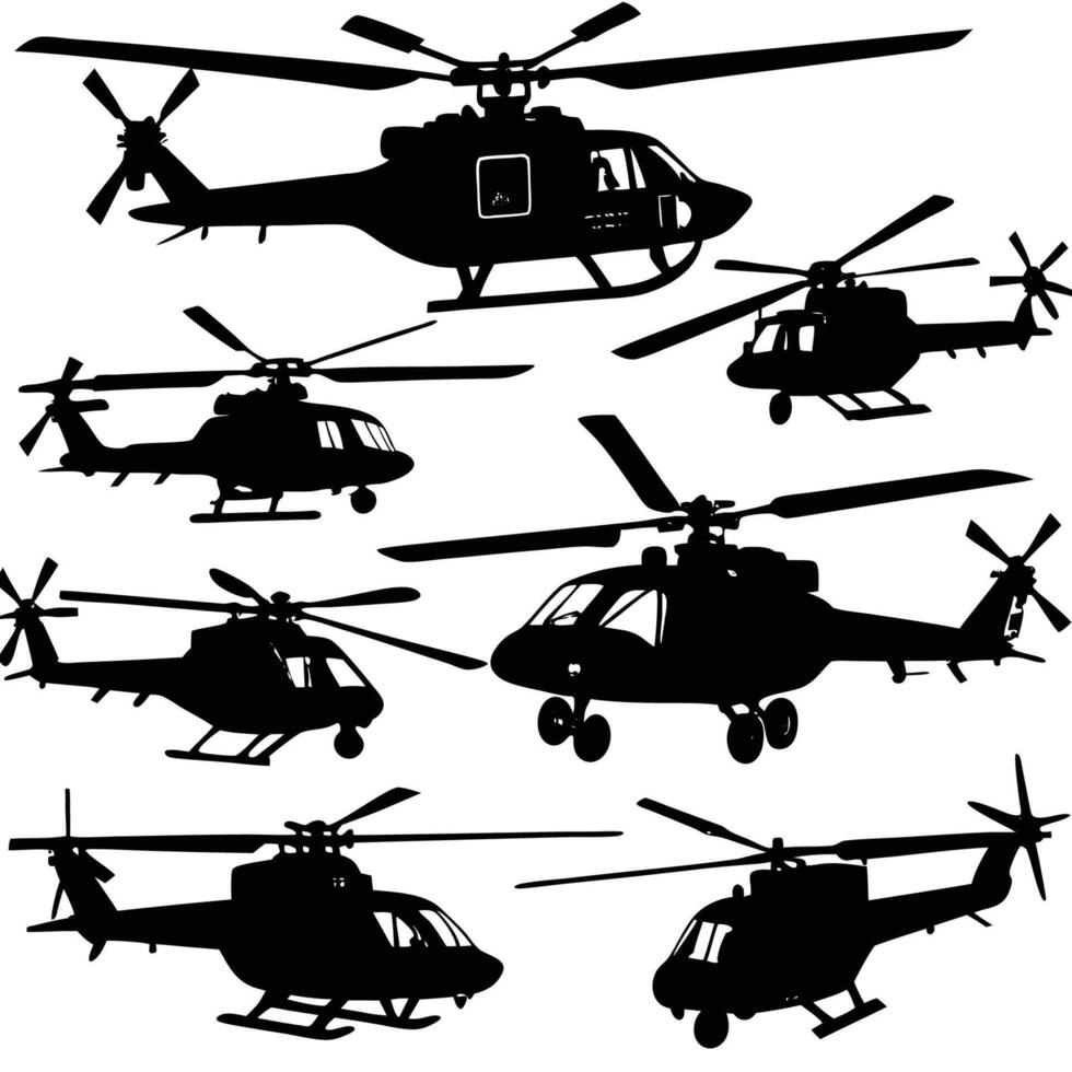 Two Helicopters Silhouetted Against a White Background vector