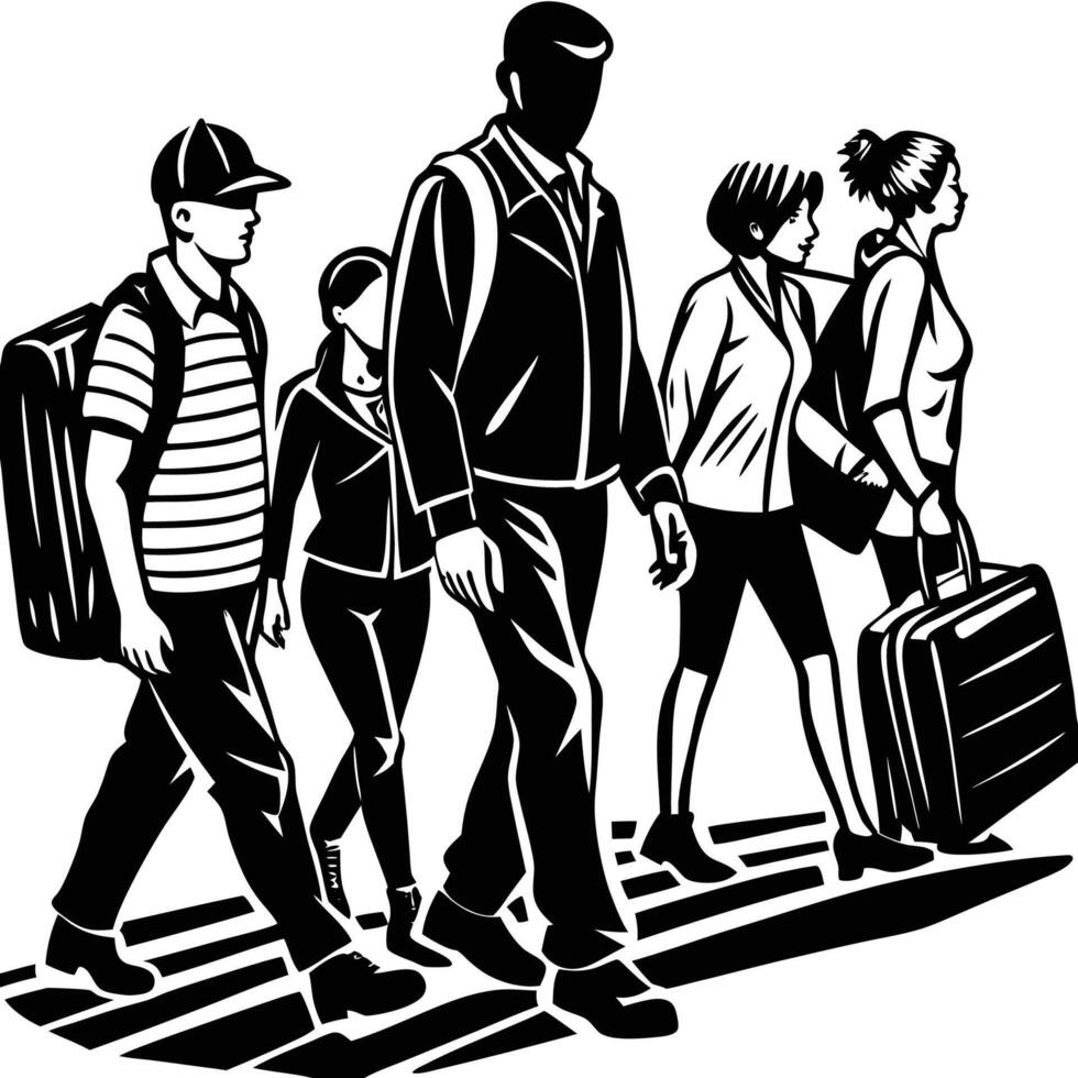 Sketch of Walking Travelers on White Background vector