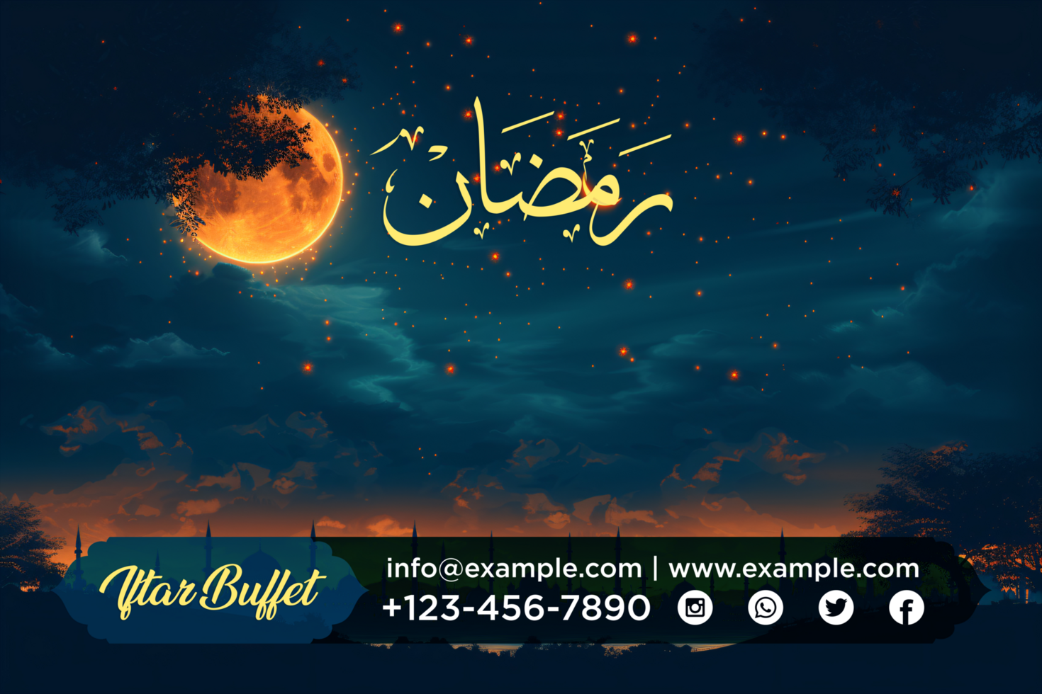 Ramadan Kareem Iftar Buffet Banner with Hanging Moon, Decorative Lanterns, and Stylish Typography psd