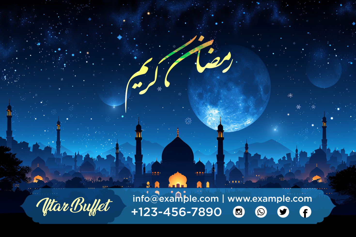 Ramadan Iftar Buffet Banner with Traditional Arabic Patterns and Decorative Hanging Festive Elements psd
