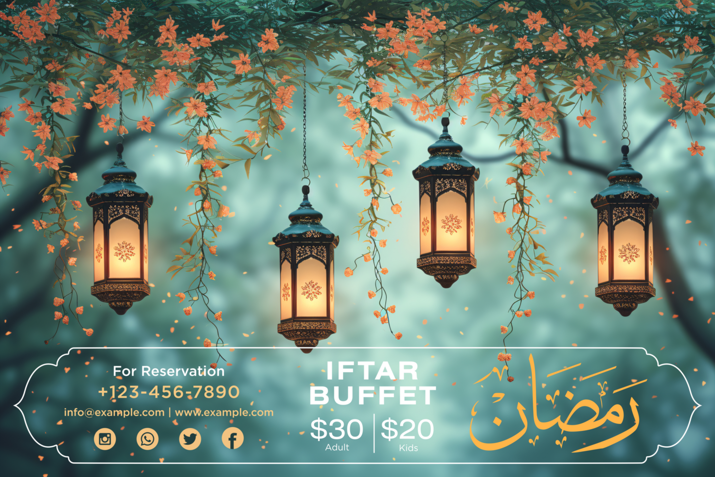 Celebrate Ramadan with an Iftar Party Banners Featuring Elegant Hanging Lanterns and leaves flowers psd