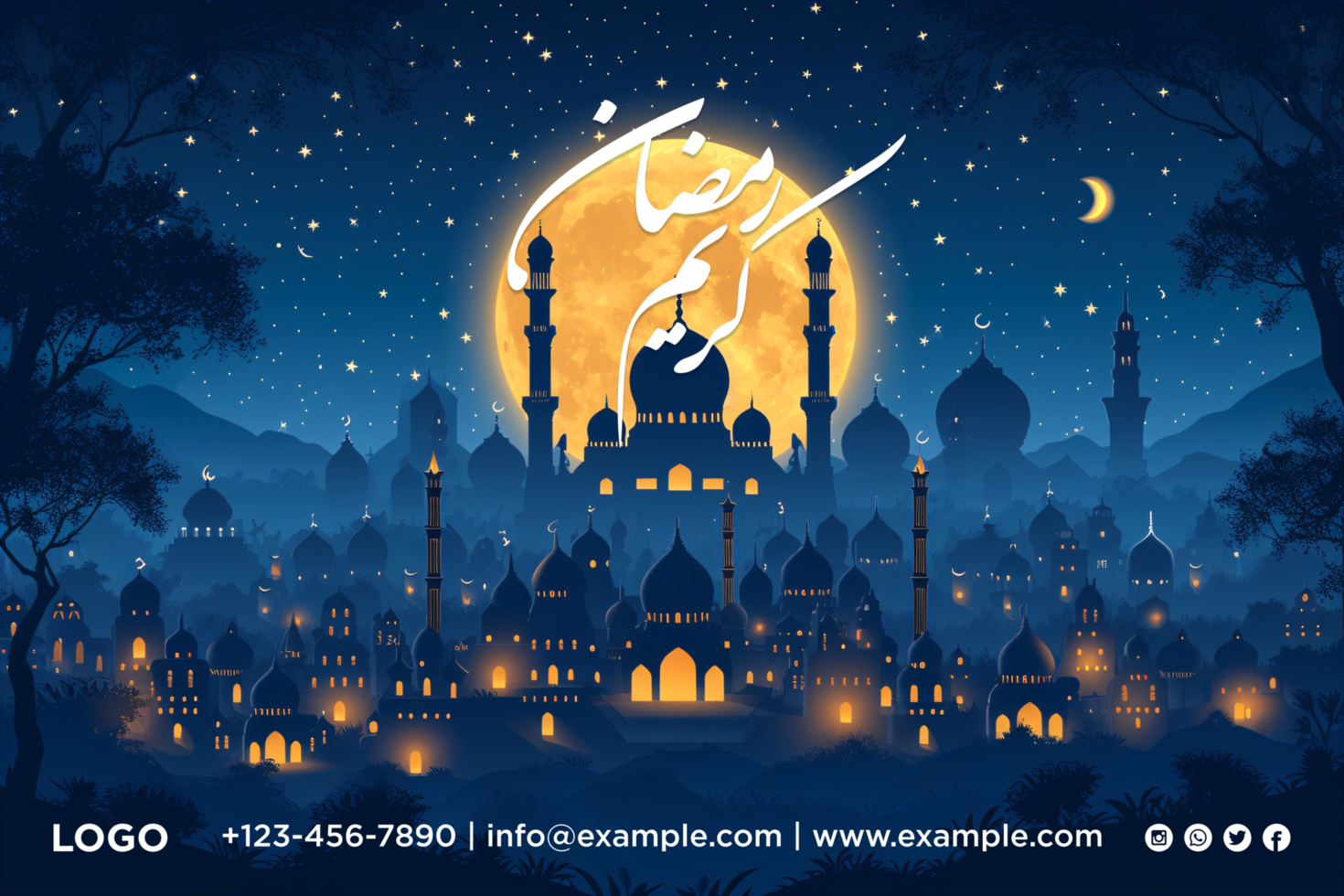 Ramadan Kareem Iftar Party Banner with Hanging Stars and Crescent Moon for a Luxurious Invitation psd