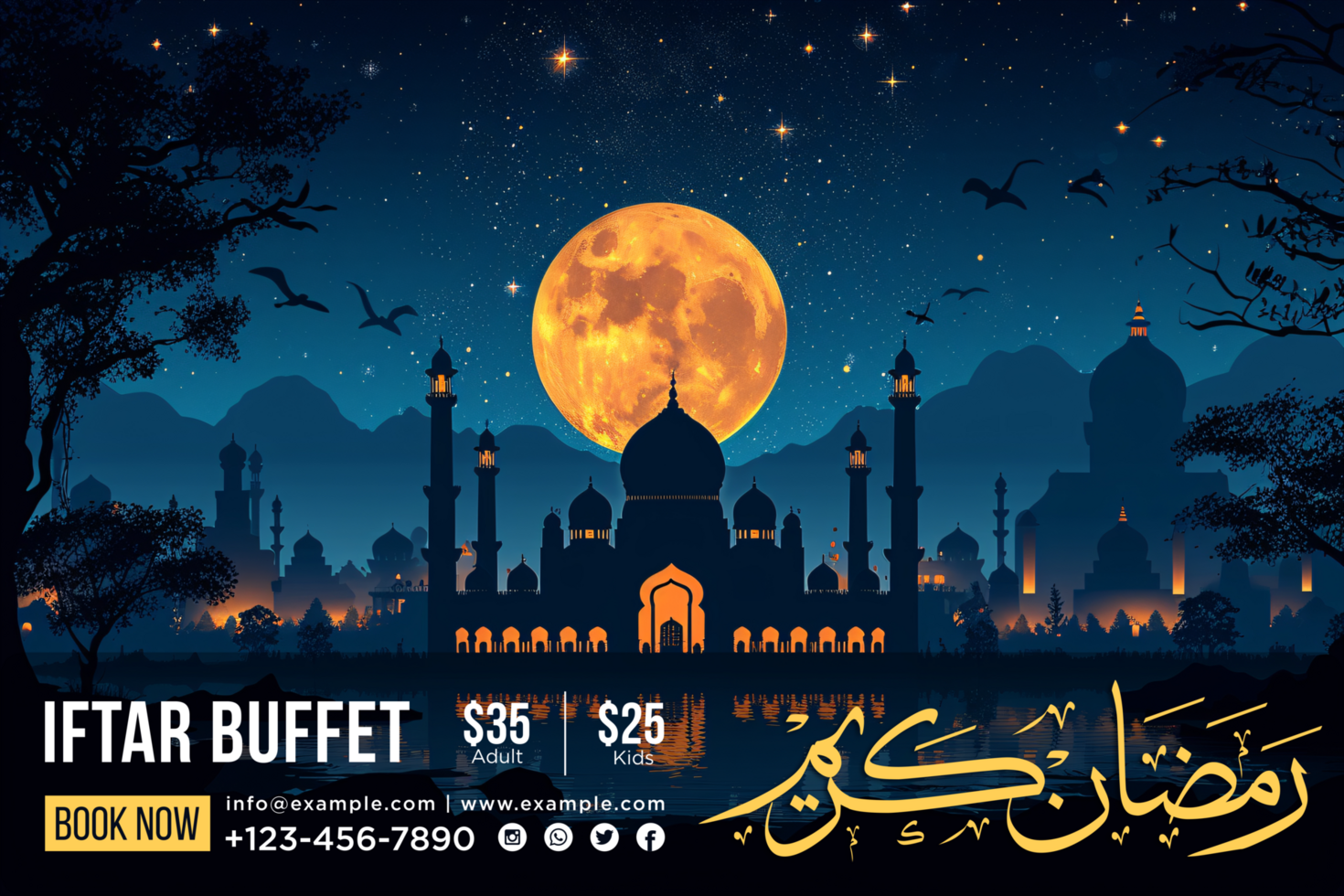 Ramadan Mubarak Iftar Buffet Banner with Decorative Hanging Lanterns and Arabic Calligraphy Design psd