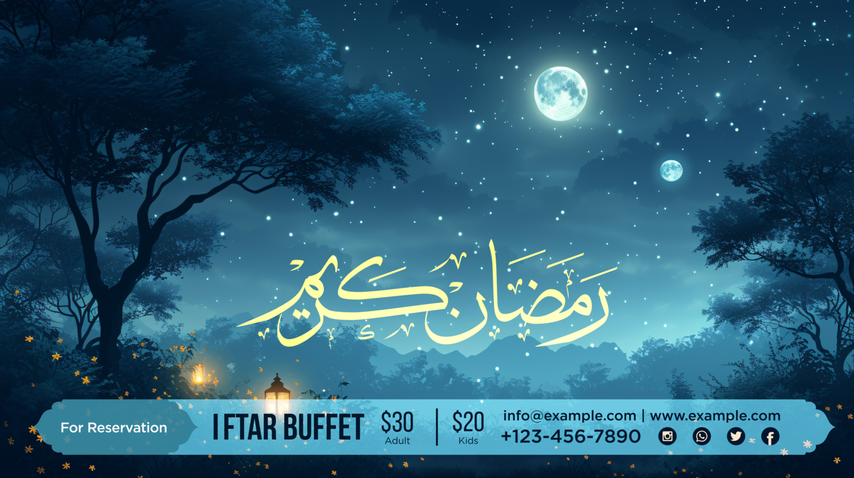 Traditional Ramadan Iftar Buffet Banner with Elegant Hanging Lanterns and Stylish Arabic Calligraphy psd