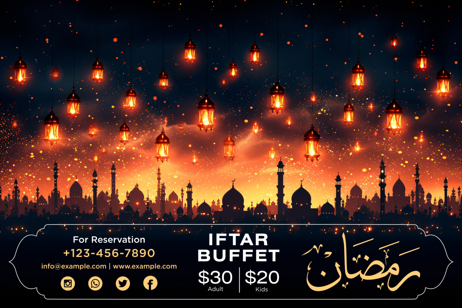 Ramadan Mubarak Vertical Iftar Poster with Stylish Gold Elements and Islamic Festive Patterns psd