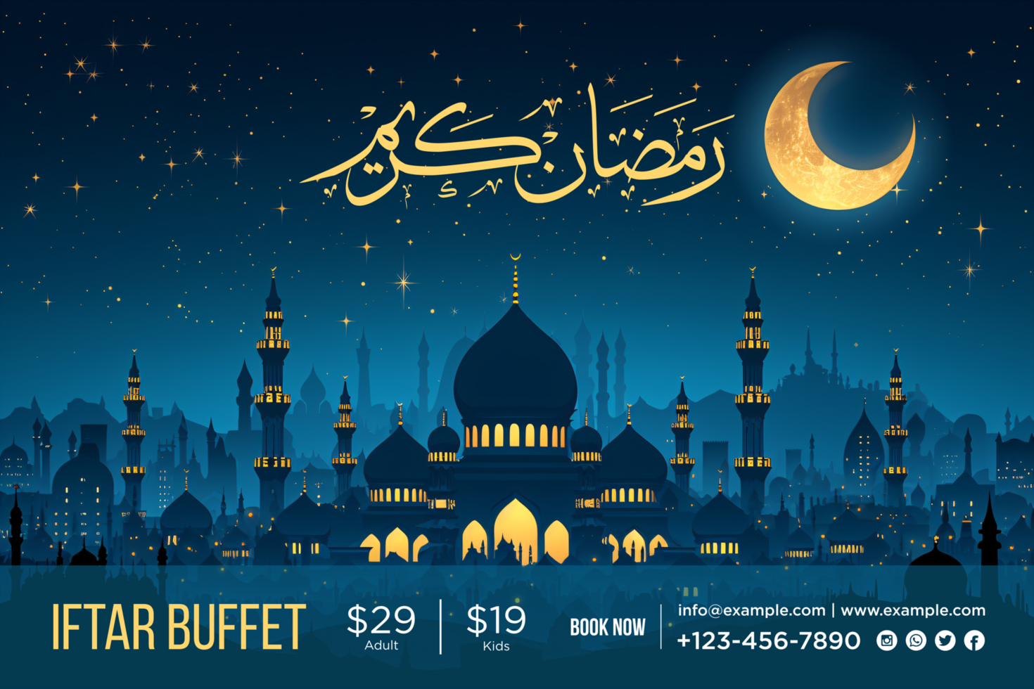 Elegant Ramadan Iftar Buffet Poster with a Luxurious Arabic Theme and Gold Decorative Elements psd