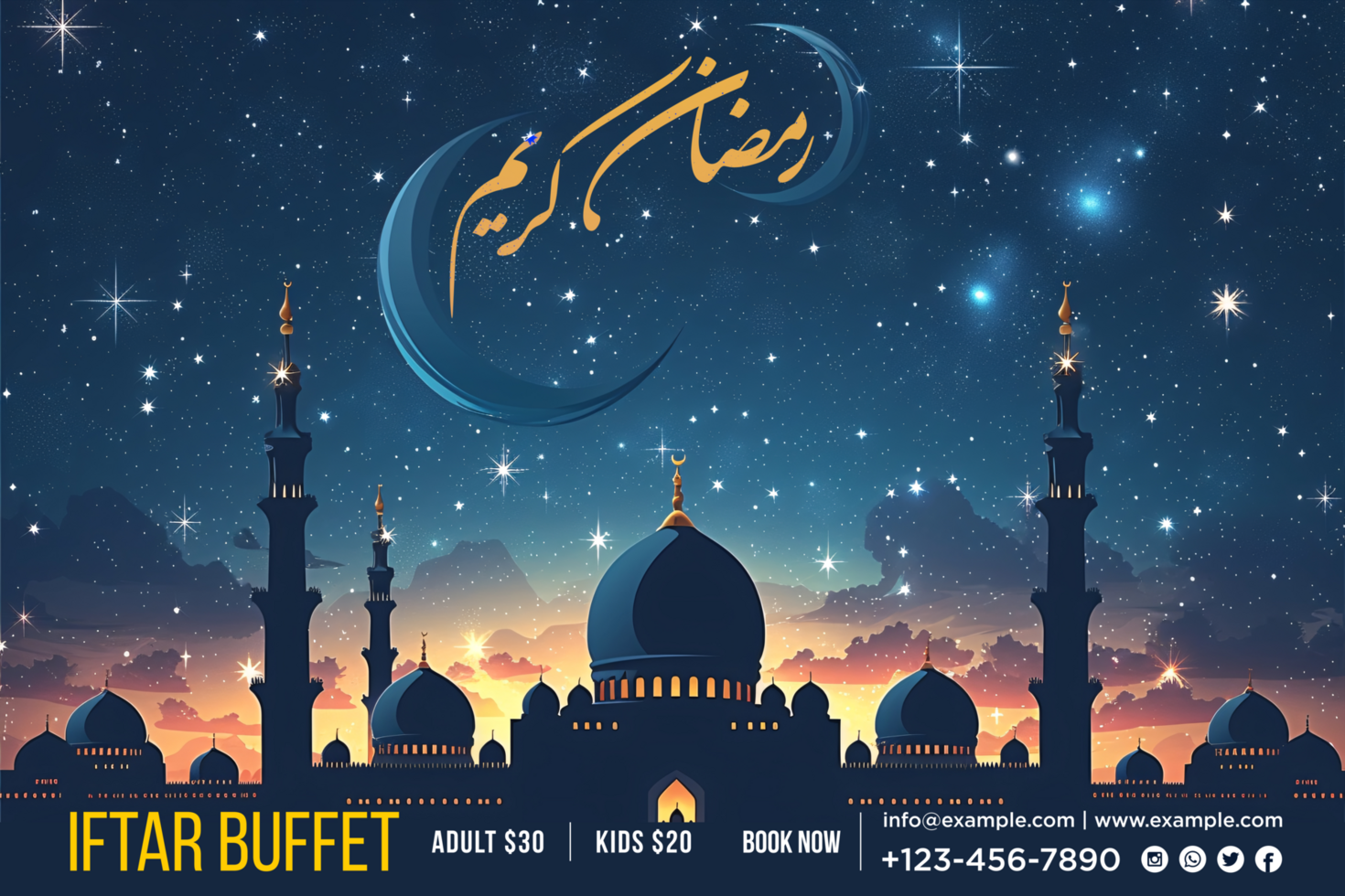 Hanging Moon Ramadan Kareem Banner with Glowing Stars and Elegant Festive Arabic Elements psd