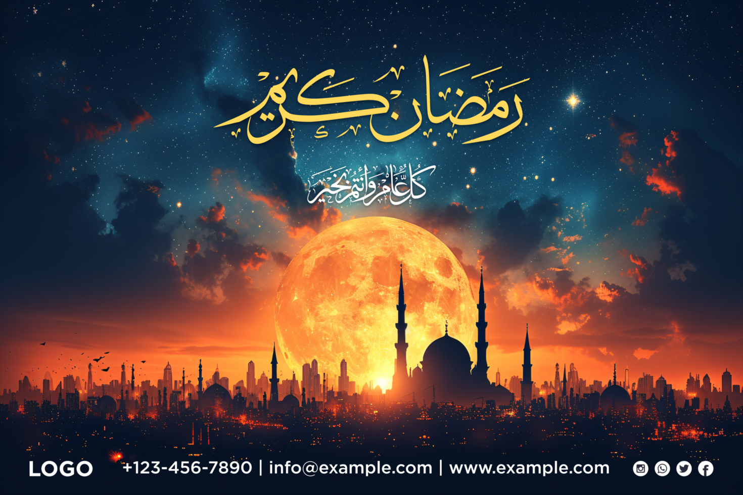 Ramadan Kareem Hanging Crescent Moon and Stars Banner with a Traditional Islamic Festive Theme psd