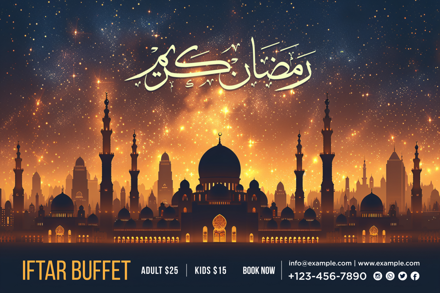 Iftar Buffet Ramadan Banner with Stylish Hanging Lanterns and a Warm Festive Celebration Theme psd