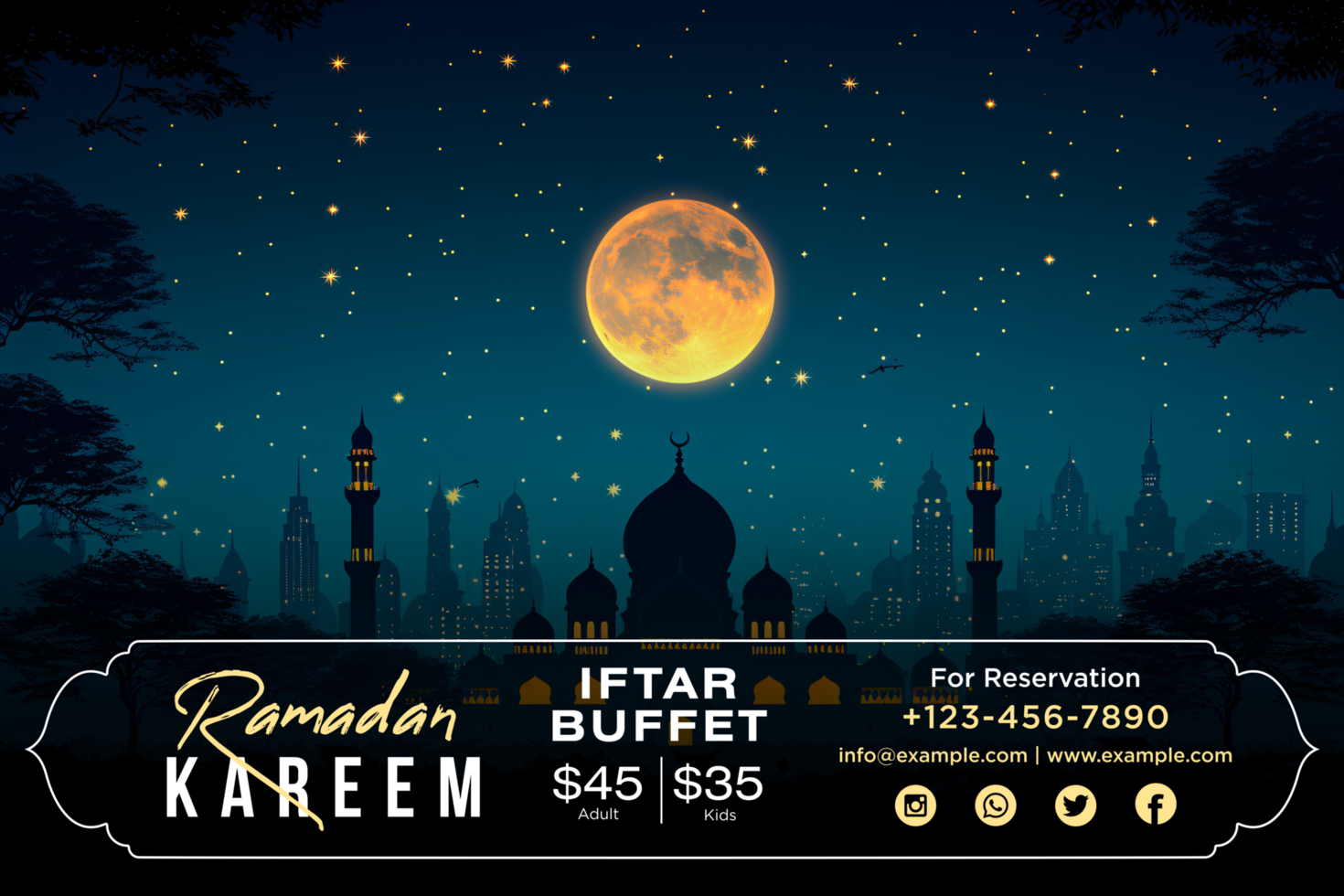 Stylish Ramadan Iftar Party Banner with Elegant Calligraphy and Sparkling Hanging Lanterns psd