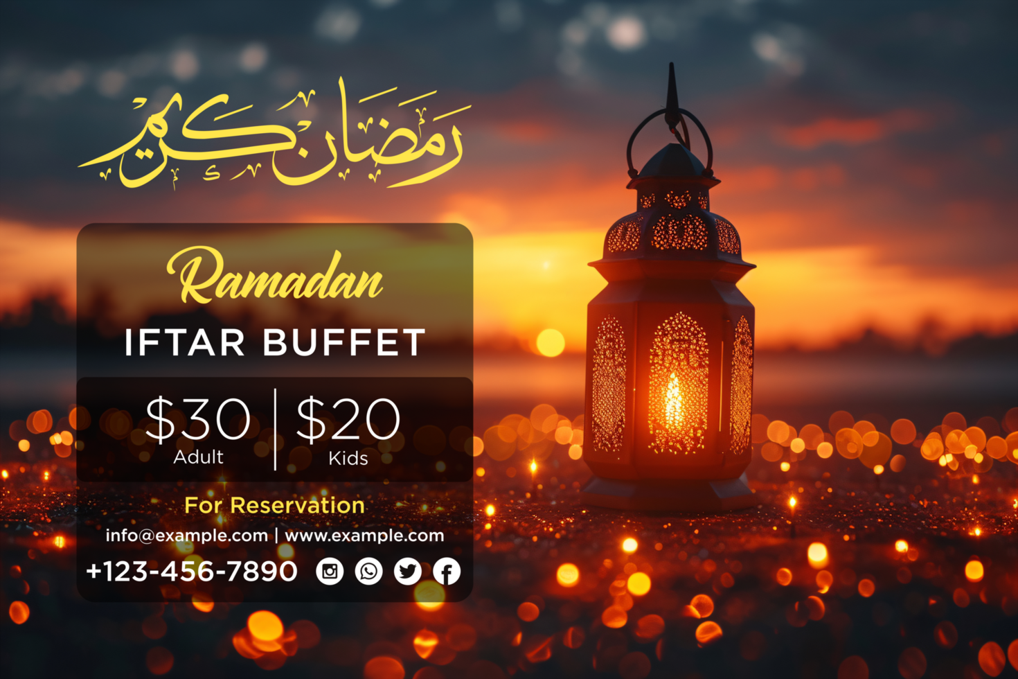 Ramadan Iftar Buffet Banner Design Template with Crescent Moon, Stars, and Festive Lanterns for Celebration psd