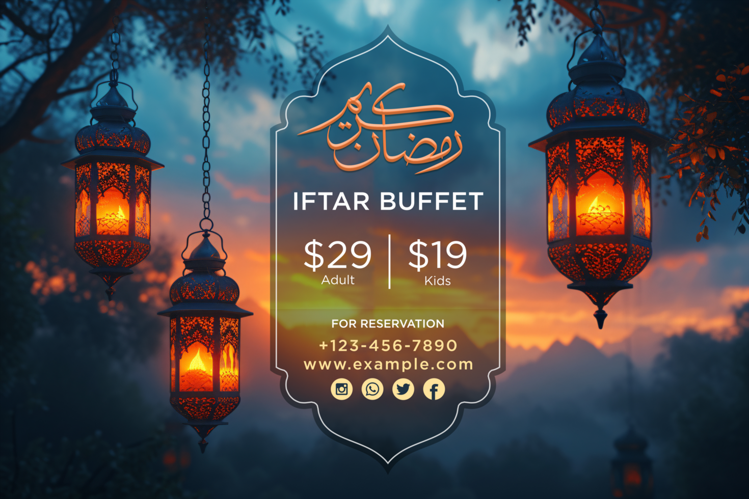 Stylish Ramadan Iftar Party Banner with Glowing Hanging Lanterns and Sparkling Background Elements psd