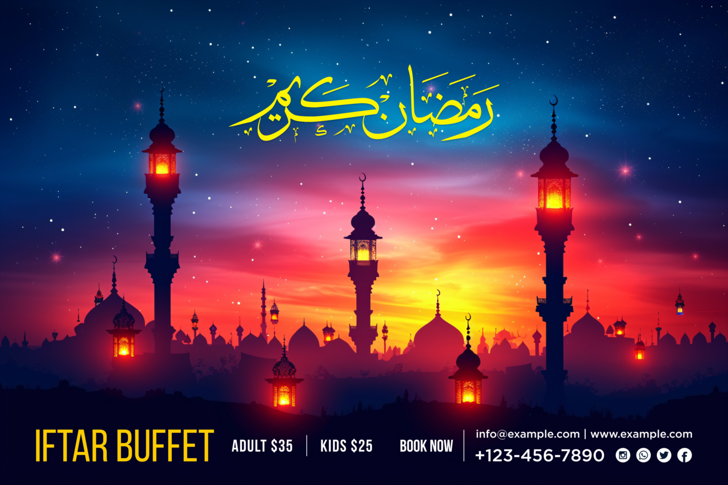 Glowing Ramadan Iftar Party Banner with a Sparkling Gold Theme and Hanging Moon Elements psd