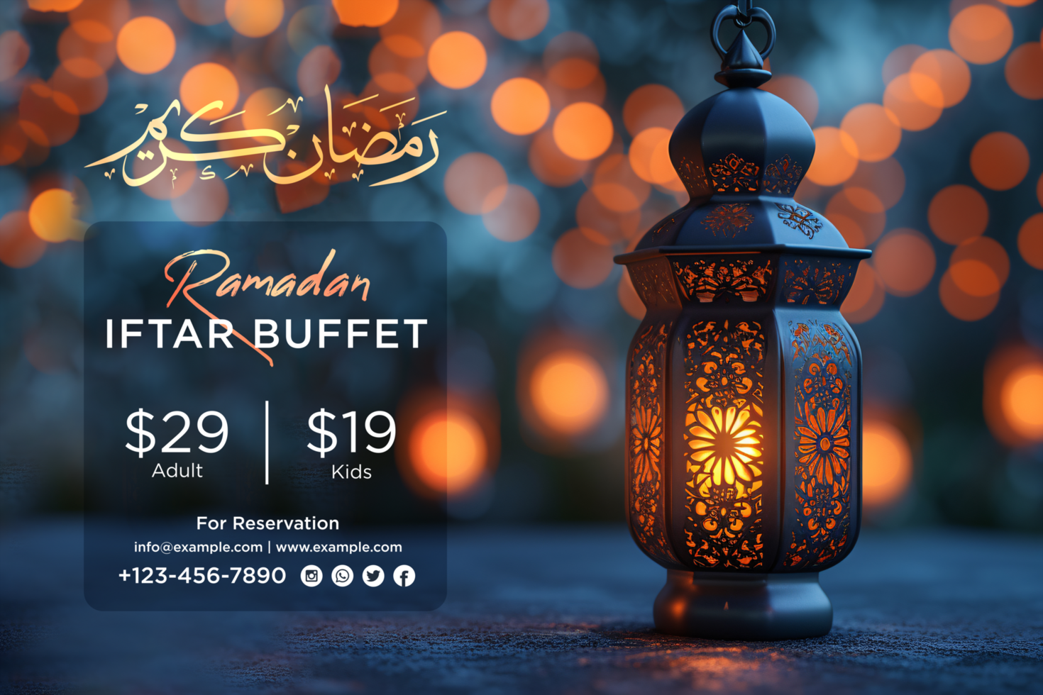 Elegant Ramadan Kareem Iftar Buffet Banner with Hanging Stars and Glowing Traditional Lanterns psd