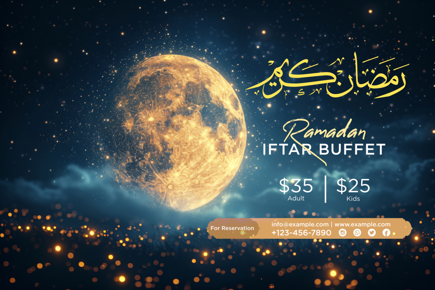 Stunning Ramadan Iftar Party Invitation Banner with Hanging Lanterns and Festive Arabic Calligraphy psd