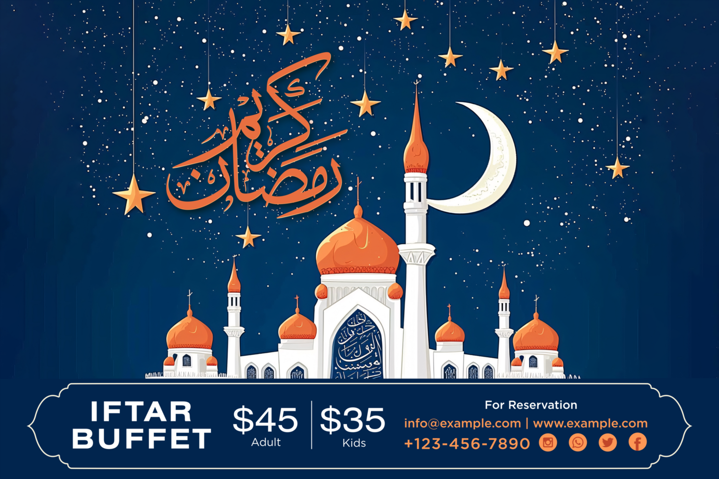 Elegant Ramadan Iftar Buffet Banner Design Template with Crescent Moon, Stars, and Festive Lanterns for Celebration psd