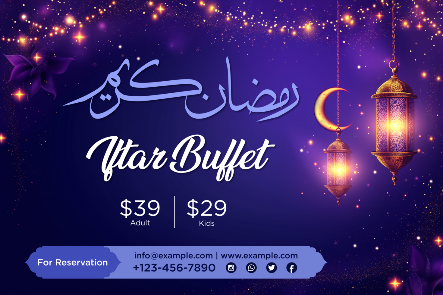 Beautiful Hanging Crescent Moon Ramadan Banner with Golden Stars and Elegant Calligraphy for Festive Joy psd