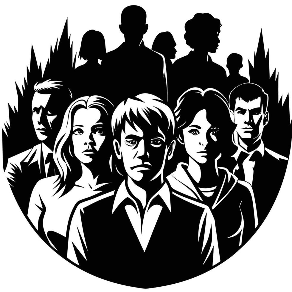 Silhouettes of Diverse People Standing Together on White Background vector