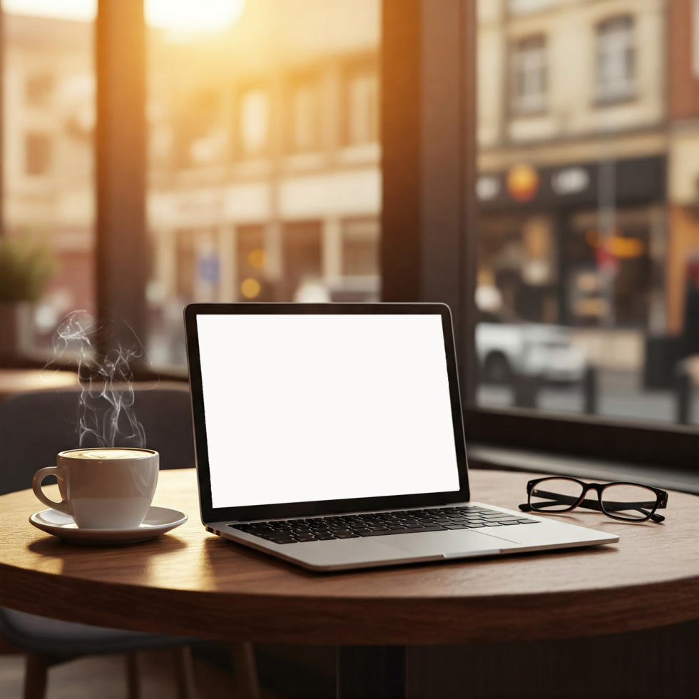 laptop and coffee cup on table in cafe with city view psd