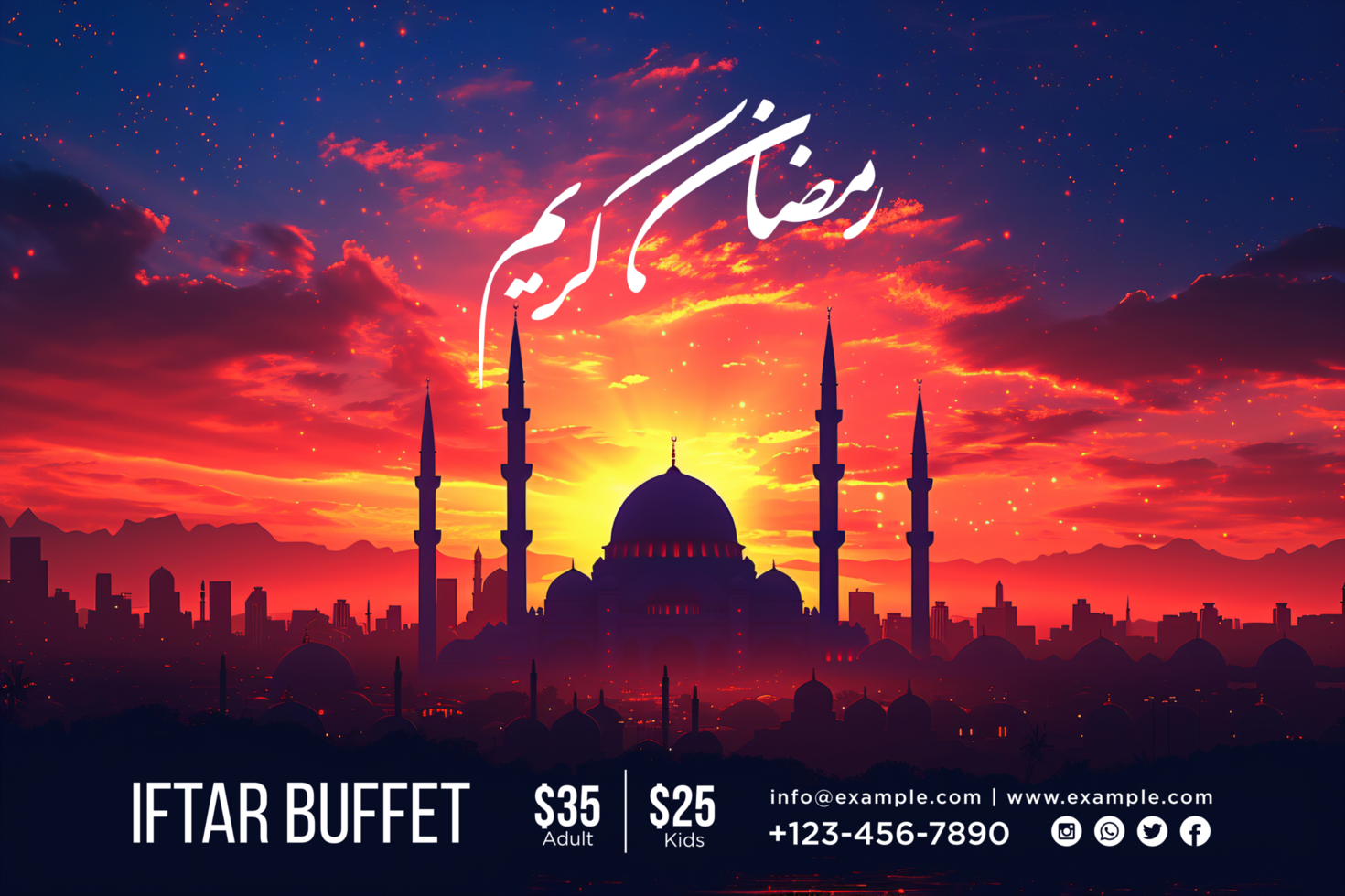 Elegant Ramadan Kareem Iftar Invitation Banner with Hanging Stars and Crescent Moon for Festive Ambiance psd