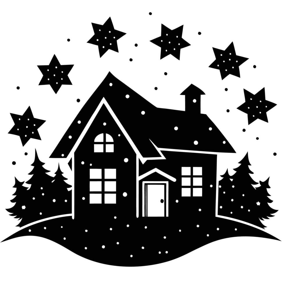 Silhouette of a Lonely House Amidst a Starry Night Sky vector