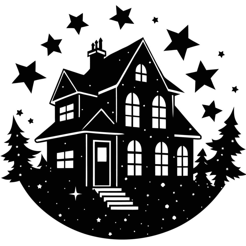 Starlit Serenity Enchanting Silhouette of a House Under a Celestial Tapestry vector