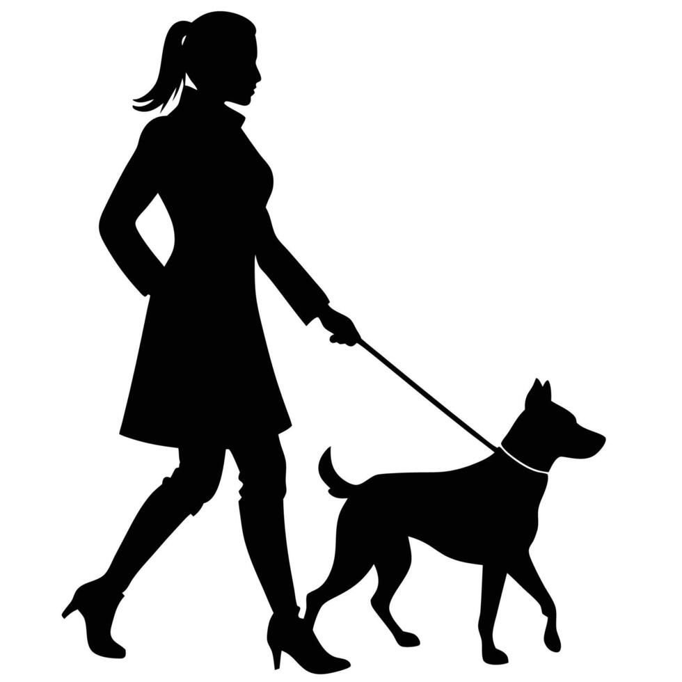Solo Stroll Silhouette of Woman Walking Her Dog on a Leash against a White Background vector
