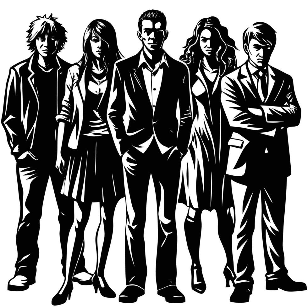 Group of People Silhouetted Against the Distant Landscape vector