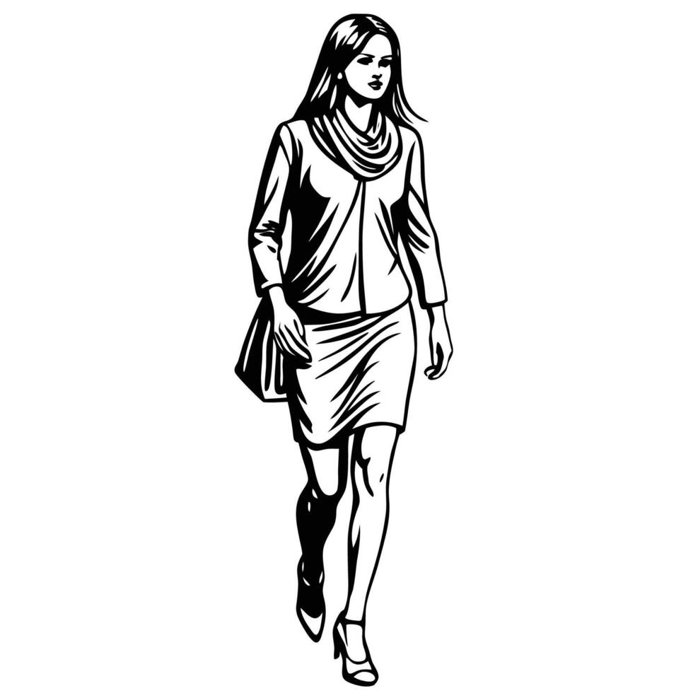 Woman Walking Line Art Sketch Isolated on White Background vector