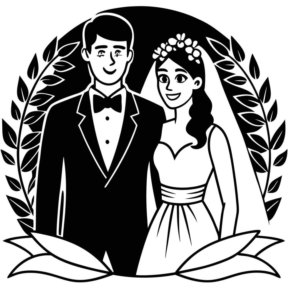Stylish Wedding Set with FlatStyle Groom and Bride Illustrations vector