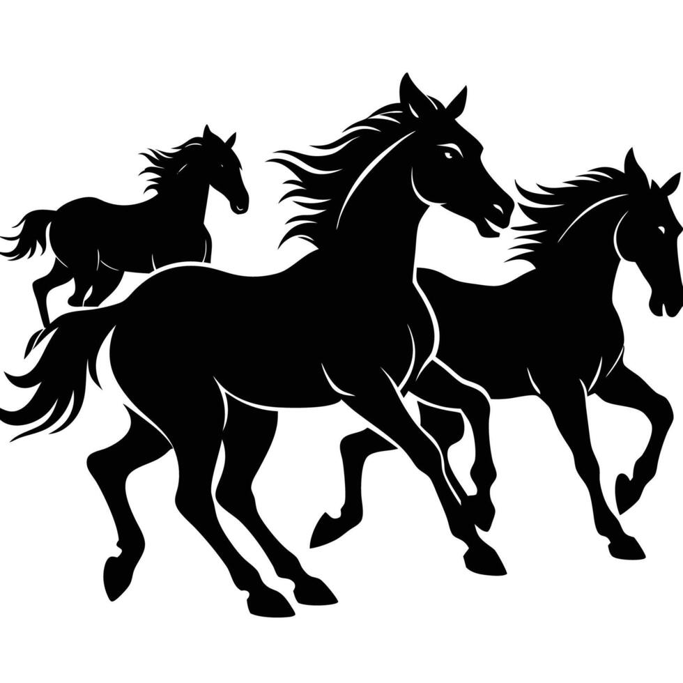 Majestic Silhouettes of Running Horses Adorned against a Pristine White Canvas vector