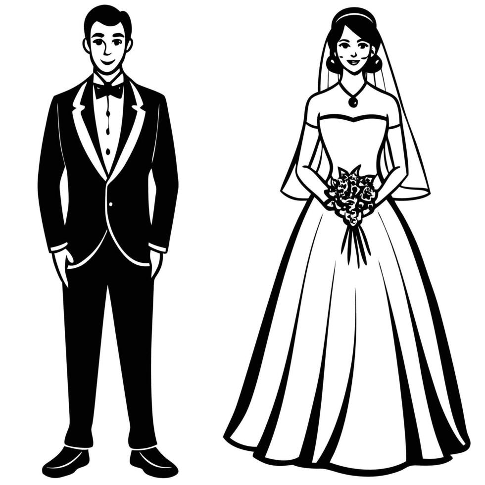 Bridal Elegance and Grooms Distinguished Attire for Wedding Day vector