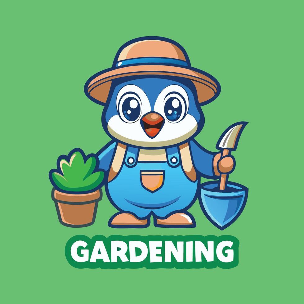 Adorable Penguin Mascot Character Gardening with Merriment vector