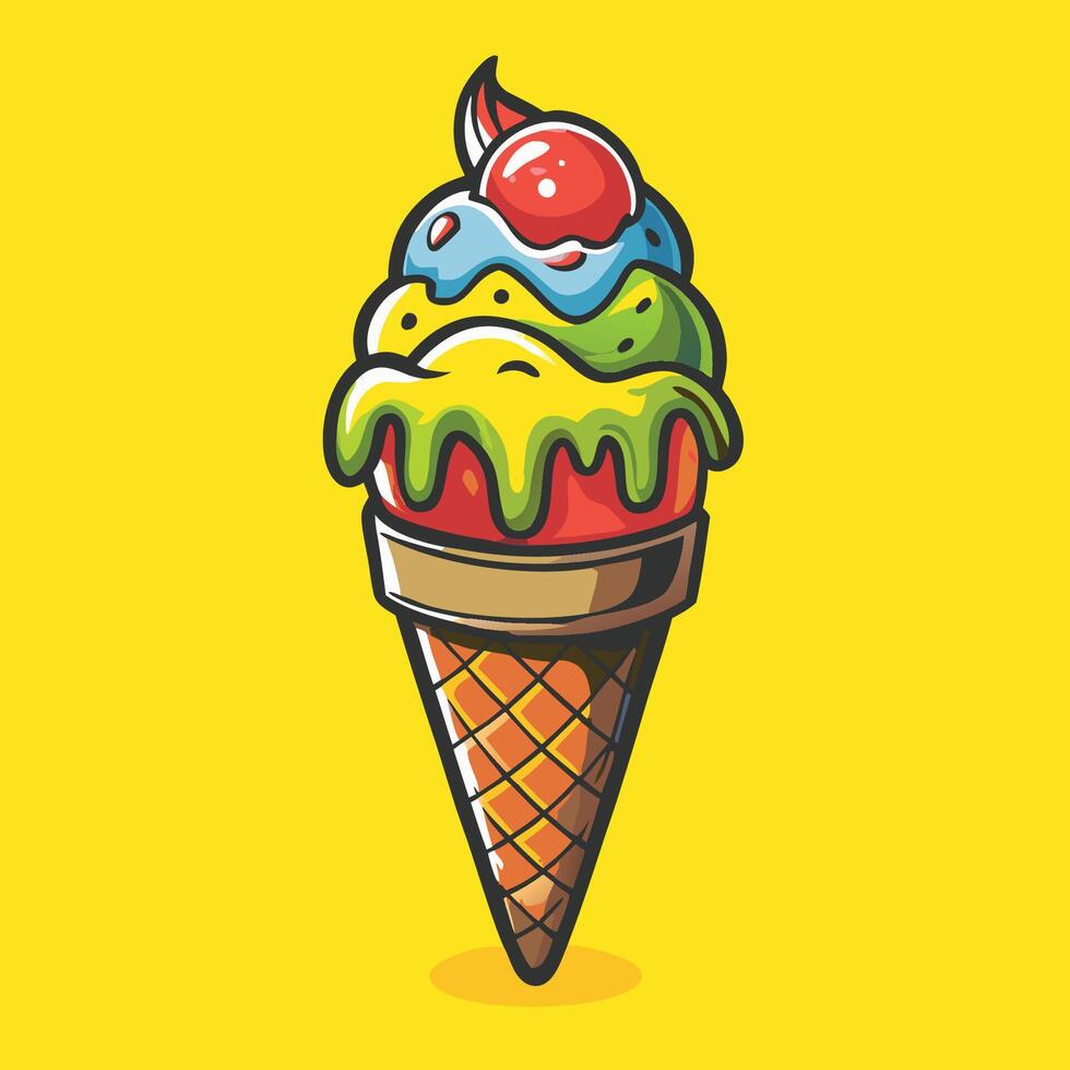 Adorable Hand Drawn Ice Cream Cone with Pink and Green Swirls vector