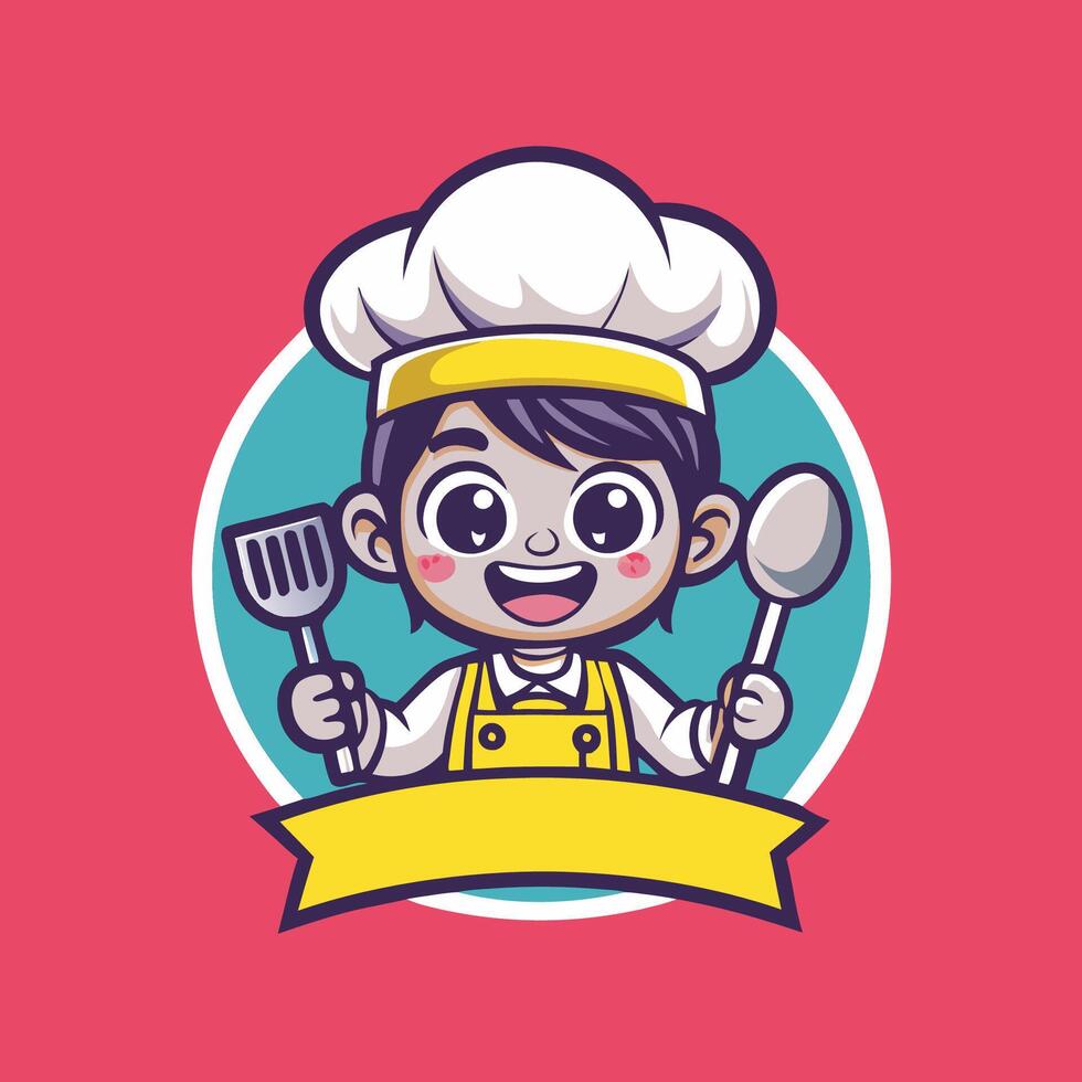 Kid Chef Mascot Character Cartoon Illustration with Cooking Utensils vector