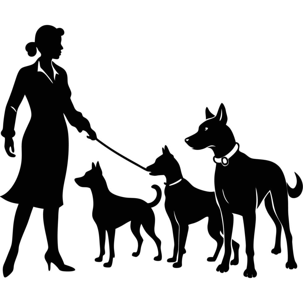 Silhouette of a Woman Walking Dogs on Leashes at Sunset vector