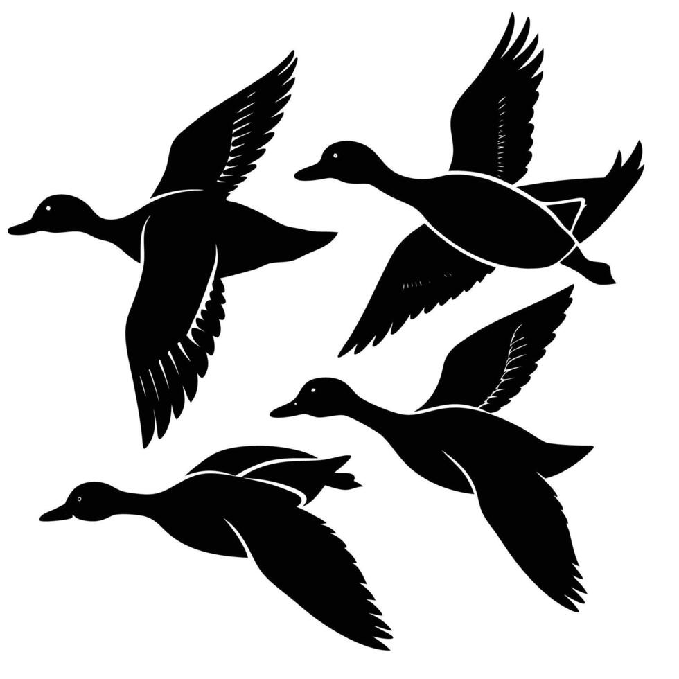 Silhouetted Flock of Flying Ducks against Isolated Sky vector