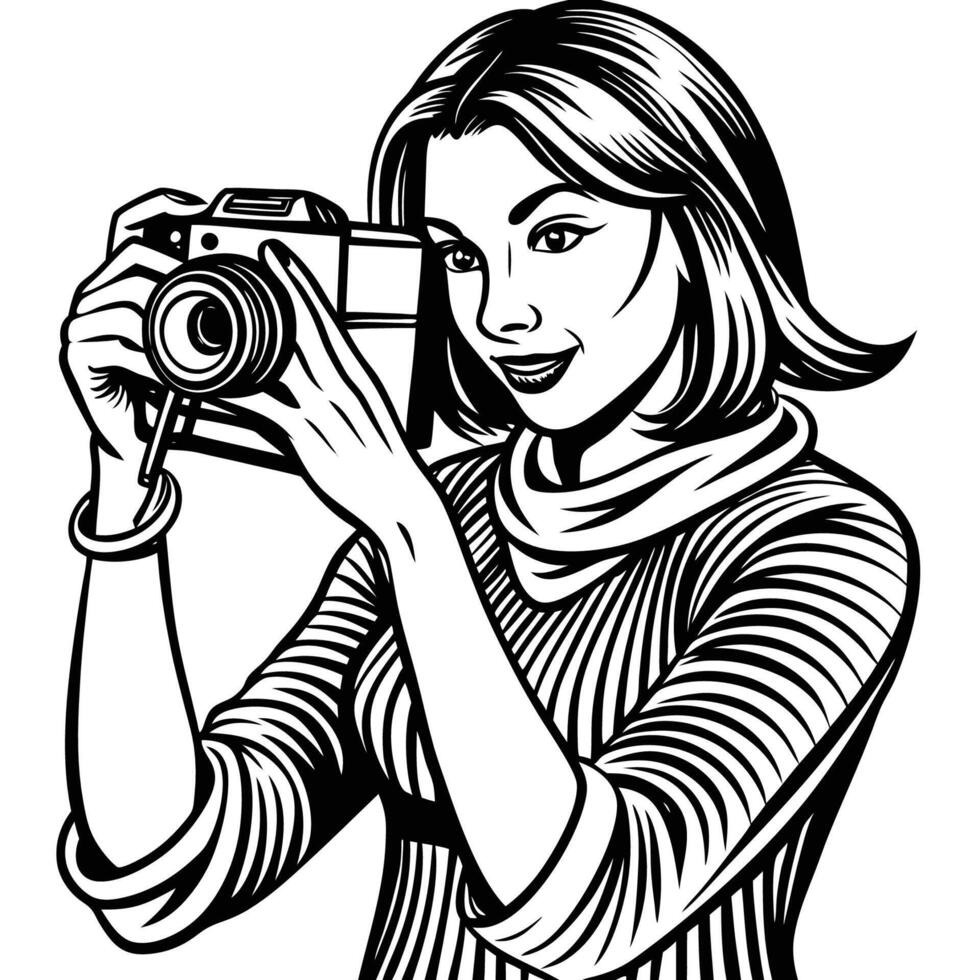Sketch of a Woman Capturing Moments on White Canvas vector