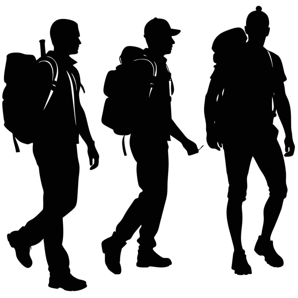 Silhouette of Men Hiking with Backpacks in Black and White Format vector