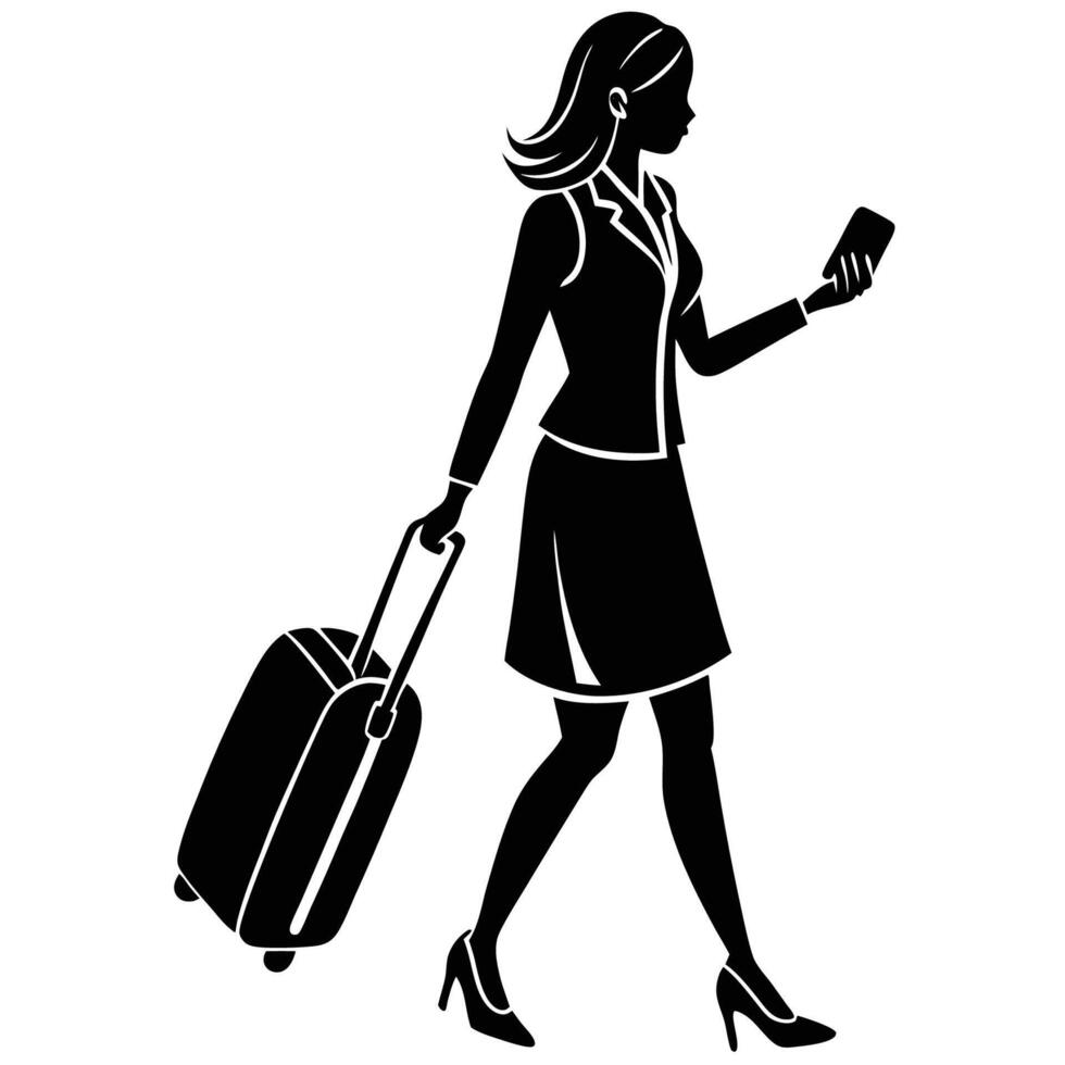 Solo Female Traveler Walking with Phone and Suitcase in Silhouette vector