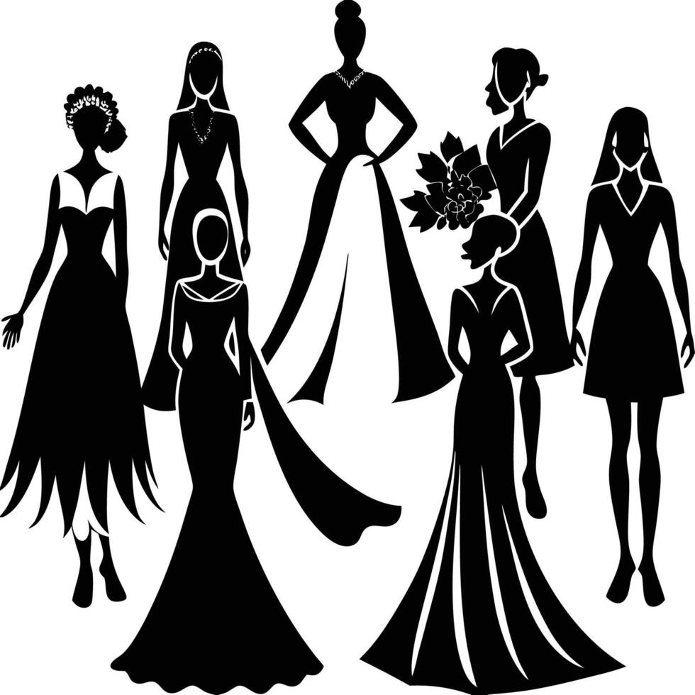 Ensemble of Brides in Silhouettes Isolated from the Background as a Graphic vector
