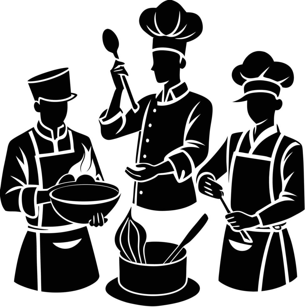 Silhouette of Chefs Cooking in a Restaurant Kitchen vector